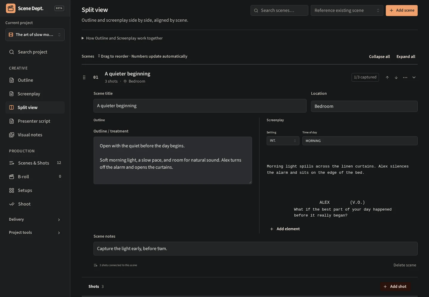 A fictional scene in the connected outline and screenplay tools.